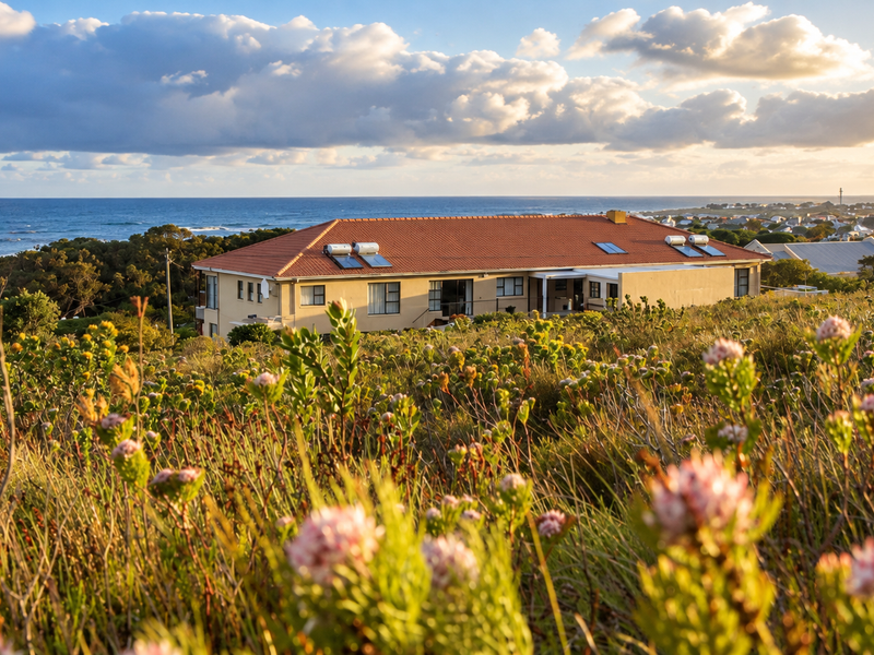 A scenic rear view of the property featuring a tiled roof with solar panels, set against a beautiful coastal landscape and ocean backdrop.