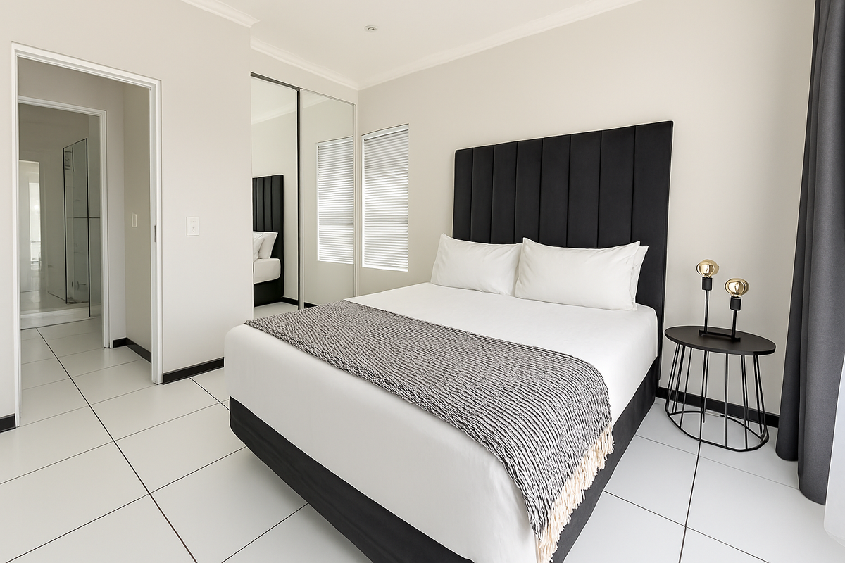 A modern bedroom featuring tiled flooring, built-in mirrored wardrobes, and an en-suite bathroom access, finished with neutral tones and clean architectural lines.