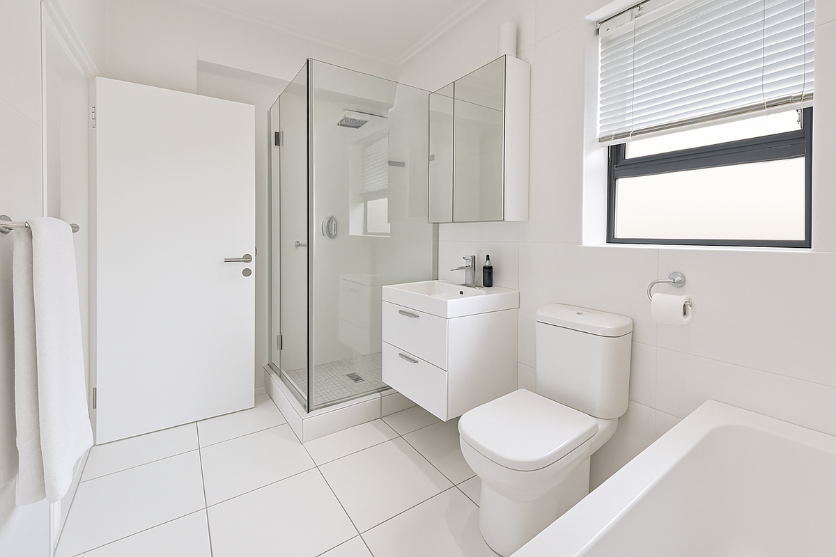 A modern, bright bathroom featuring a glass-enclosed shower, wall-mounted vanity, toilet, and a bathtub with clean white tiling throughout.