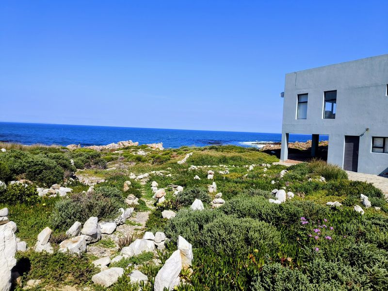 A modern coastal home featuring a concrete facade and elevated structure, set against a natural fynbos garden with direct ocean views.