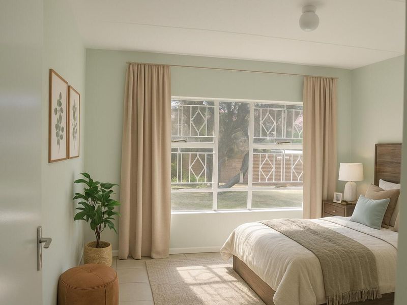 A bright and well-maintained bedroom featuring large windows with security bars, neutral wall tones, and tiled flooring.