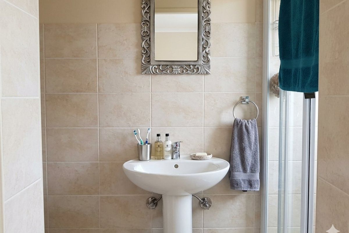 A clean bathroom featuring a pedestal basin with a chrome mixer tap and neutral wall tiling, adjacent to a shower enclosure.