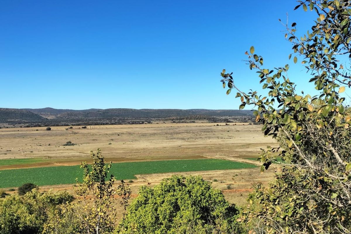 A scenic elevated view overlooking expansive farm fields and rolling hills under a clear blue sky.