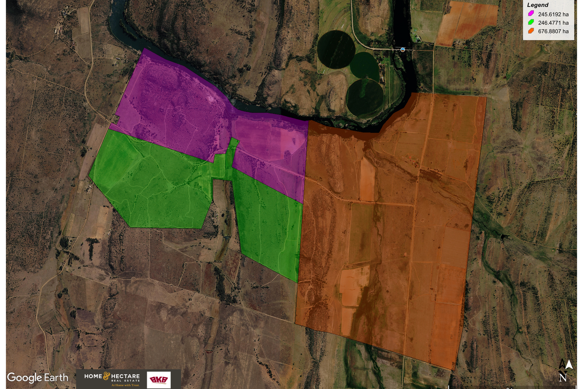 Aerial satellite view of the farm property highlighting land parcels and boundaries with river frontage.