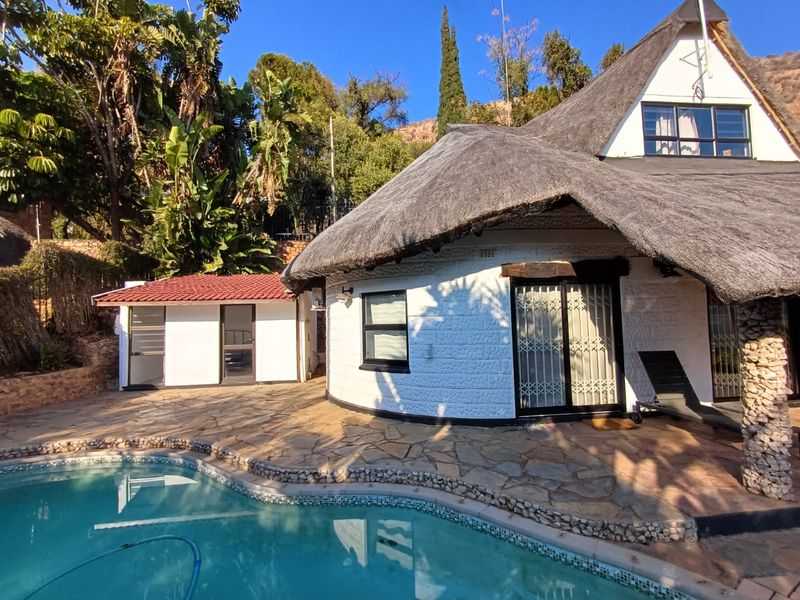 Outdoor pool area featuring a thatched-roof dwelling, stone patio, and a secondary outbuilding, set against a landscaped garden backdrop.