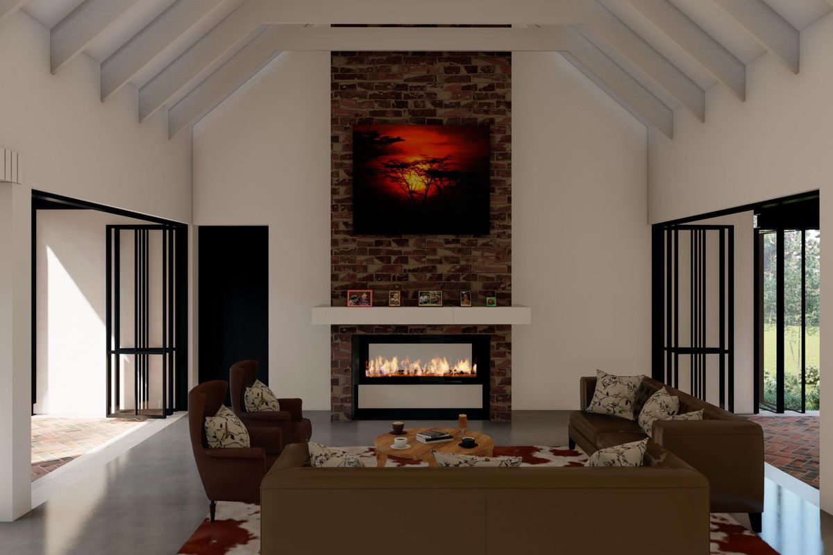 Spacious living room featuring a vaulted ceiling, exposed brick fireplace with a built-in modern firebox, and large glass doors leading to outdoor areas.