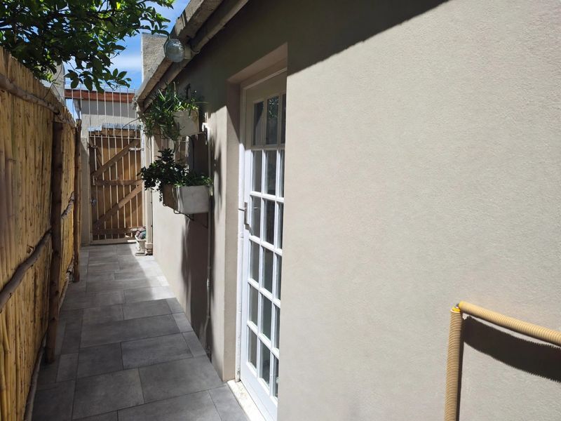 A narrow, paved rear exterior walkway featuring a glass-paneled door, bamboo privacy screening, and wall-mounted lighting.