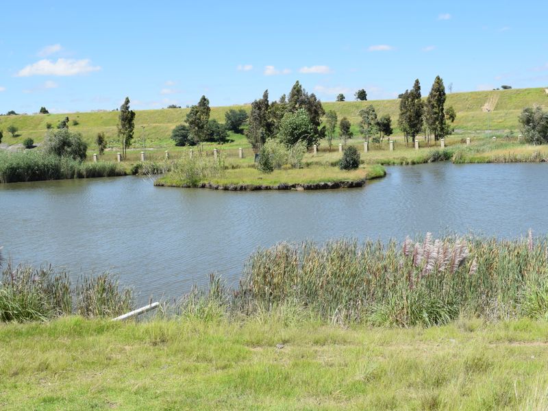 A scenic view of a tranquil lake with a small island and landscaped grassy embankments in the background.