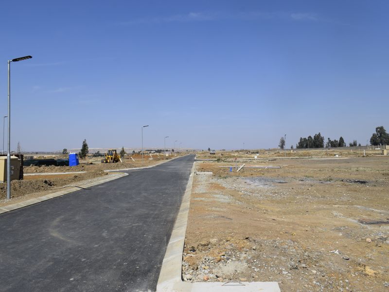 A view of a newly developed residential street with paved asphalt road, concrete curbing, and installed street lighting in a vacant land estate.