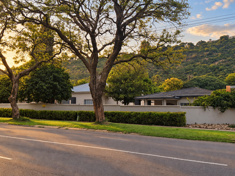 Street view of the property showing the boundary wall, mature trees, and surrounding neighbourhood landscape at sunset.