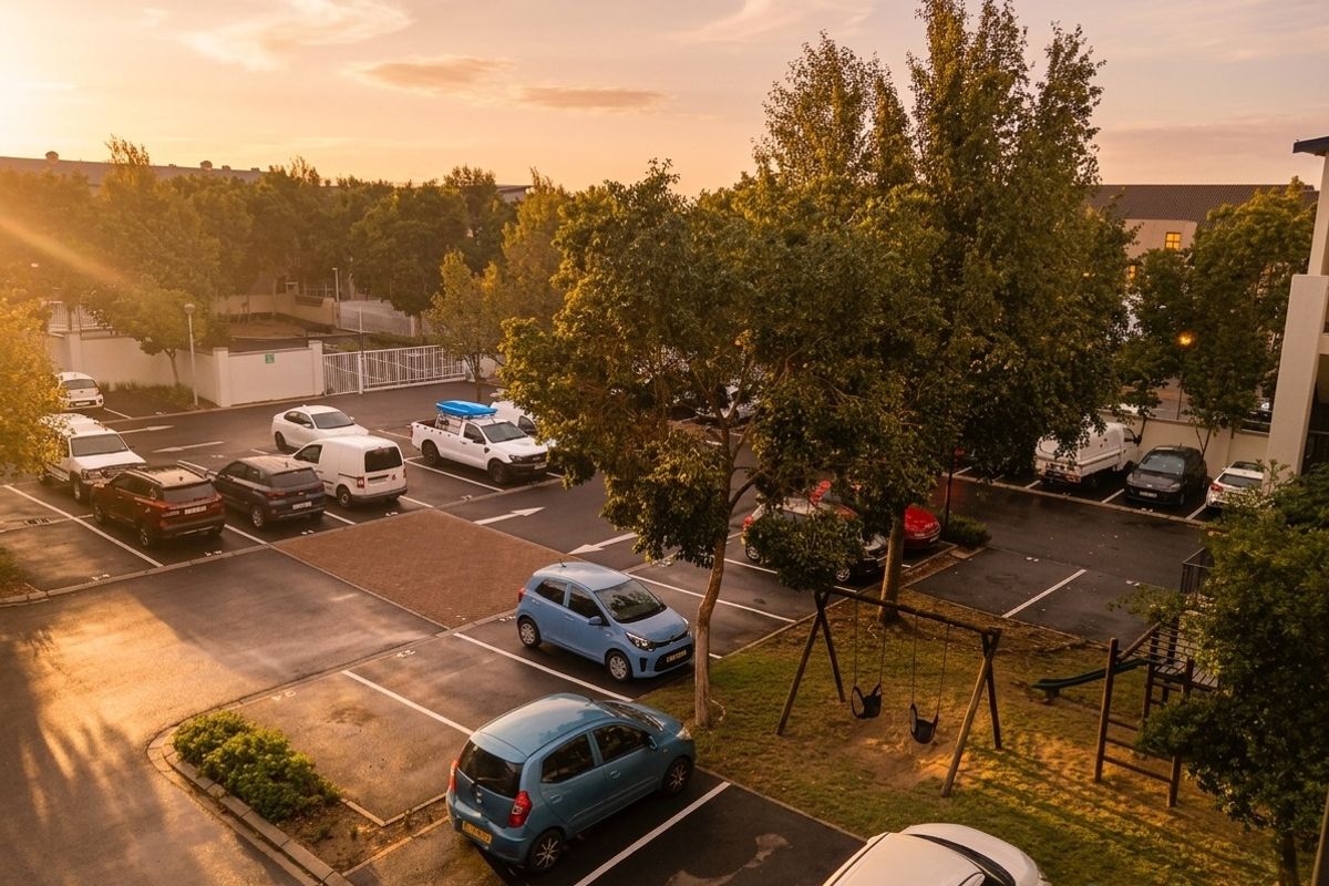An elevated aerial view of the apartment complex parking area, featuring marked bays and a small children's play area at sunset.