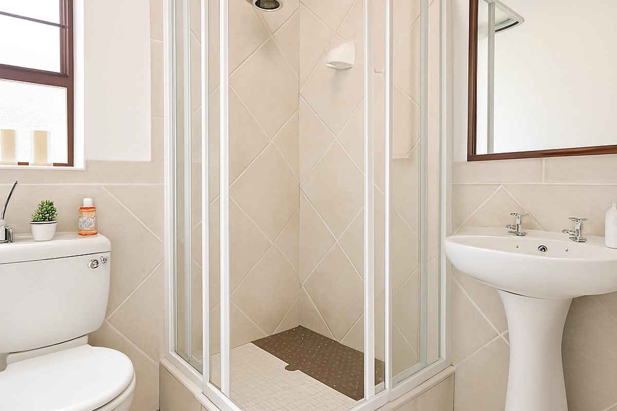 A functional bathroom featuring a corner shower enclosure, pedestal basin, and toilet with neutral wall and floor tiling.