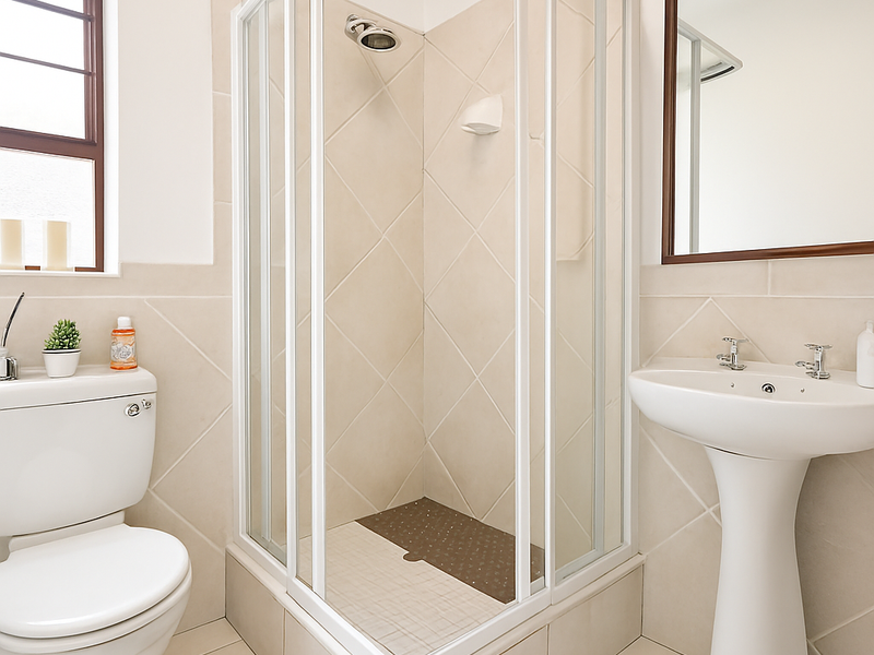 A functional bathroom featuring a corner shower enclosure, pedestal basin, and toilet with neutral wall and floor tiling.