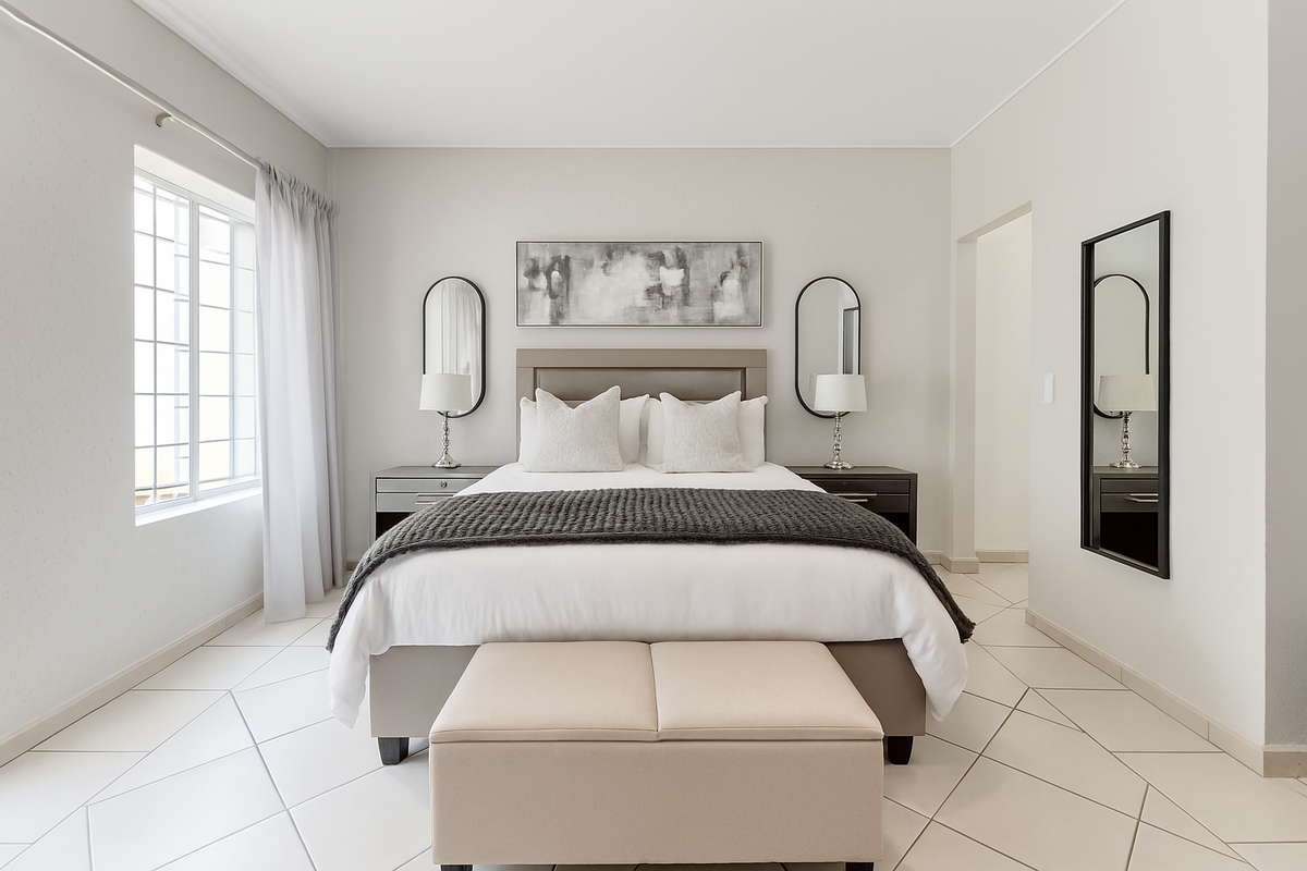 A well-maintained bedroom featuring neutral tones, tiled flooring, and a large window allowing for natural light.