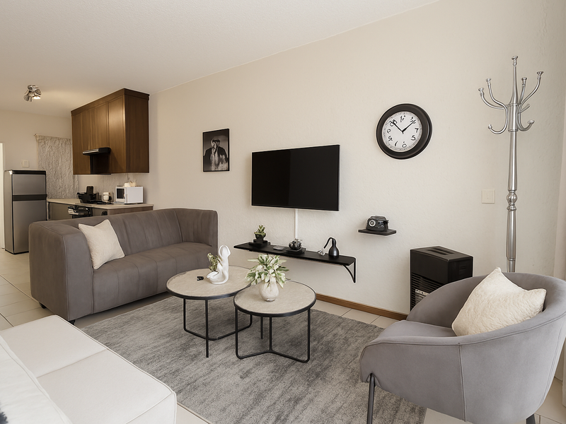 An open-plan living area featuring a modern kitchen with dark wood cabinetry and a comfortable lounge space with tiled flooring.