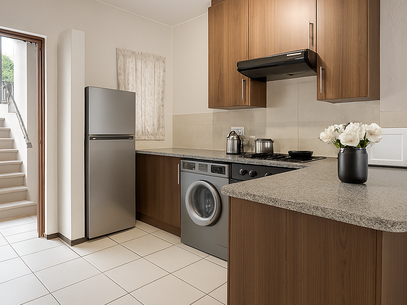 A functional kitchen featuring wood-finish cabinetry, stone-look countertops, a built-in hob with extractor fan, and an integrated washing machine.