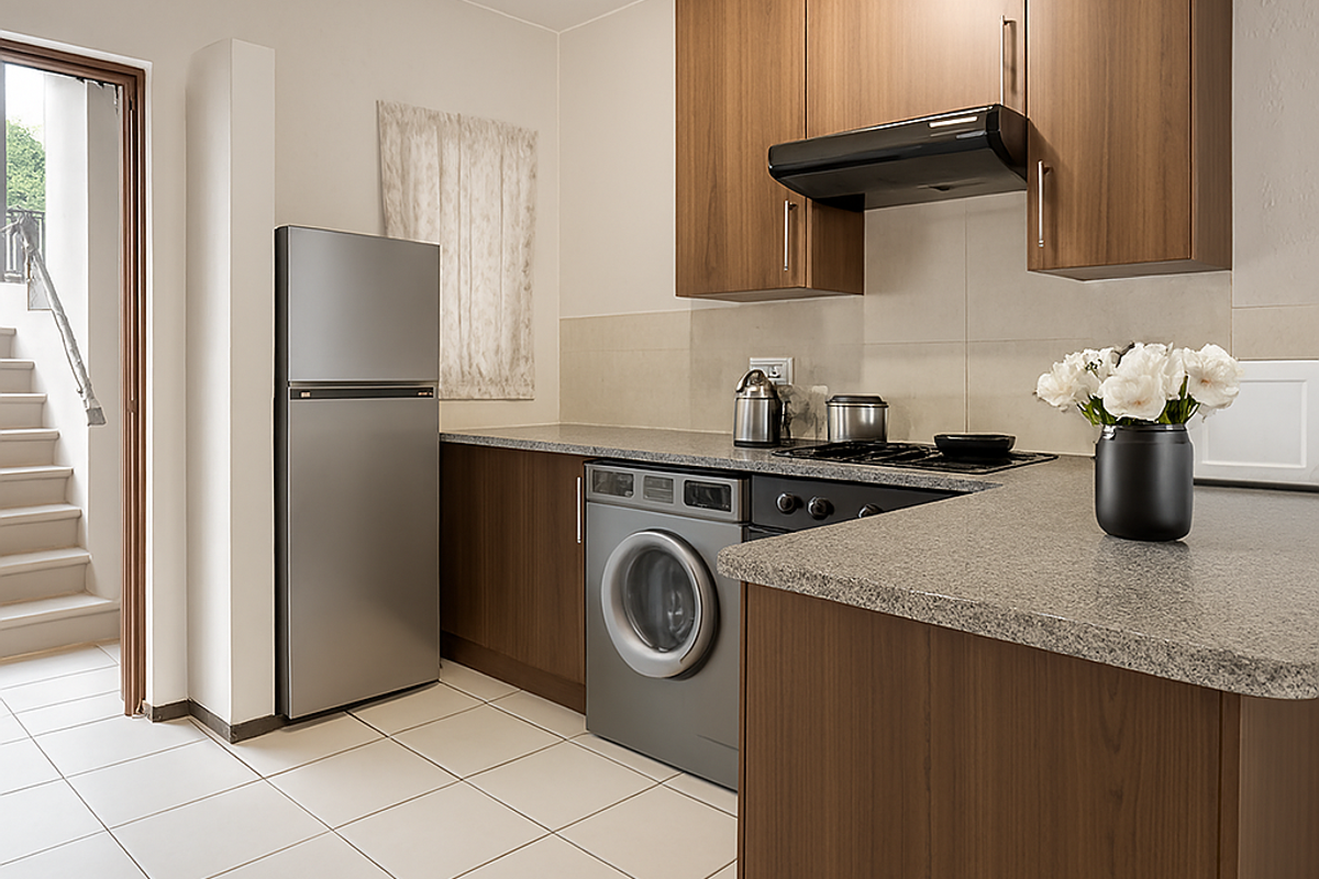 A functional kitchen featuring wood-finish cabinetry, stone-look countertops, a built-in hob with extractor fan, and an integrated washing machine.