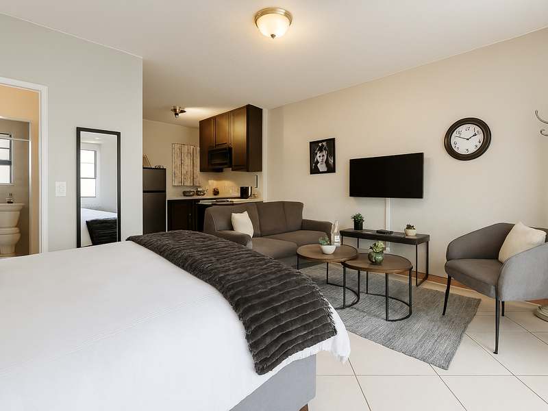 A studio apartment featuring an open-plan layout with a combined living area and kitchenette, plus an adjacent bathroom with a toilet and window.