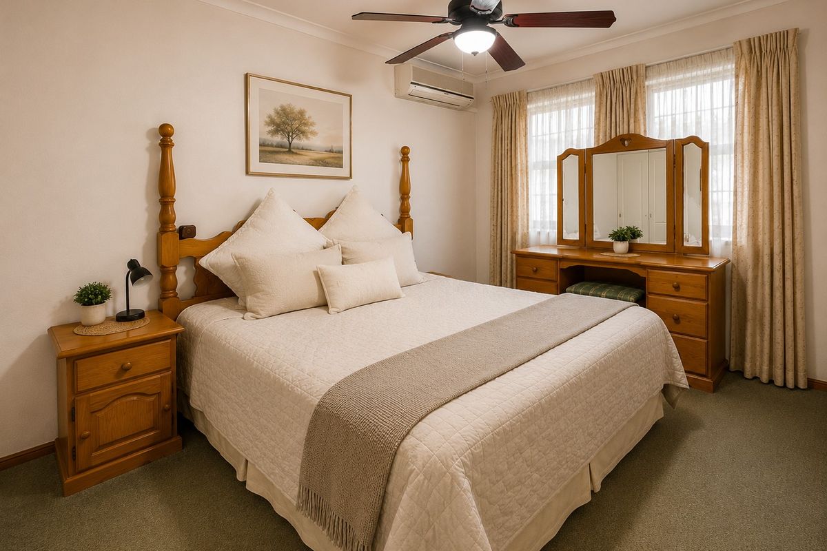 A well-maintained bedroom featuring carpet flooring, a ceiling fan, and a wall-mounted split system air conditioner for climate control.