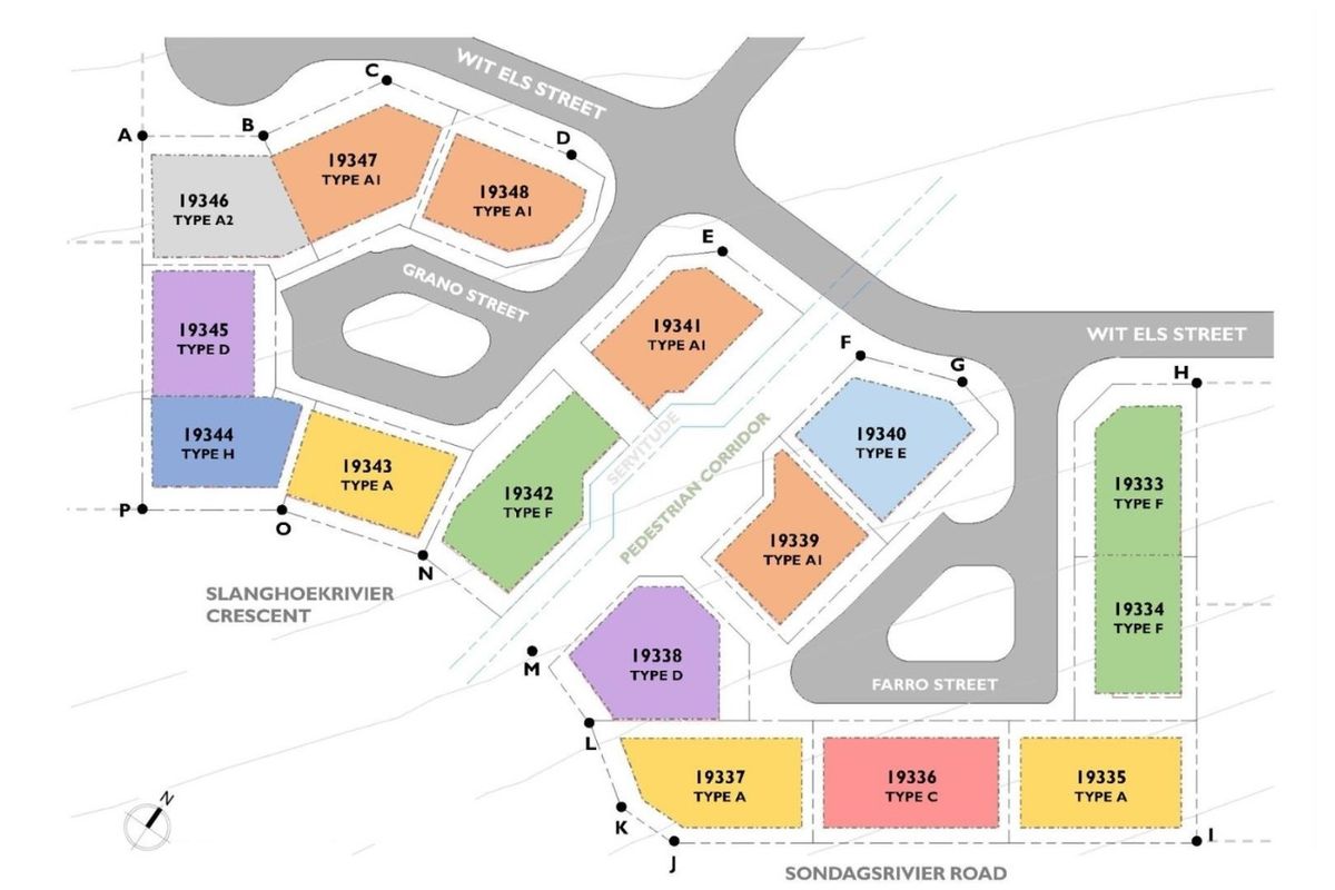 A site development plan showing the layout of various property types and street access within the residential estate.