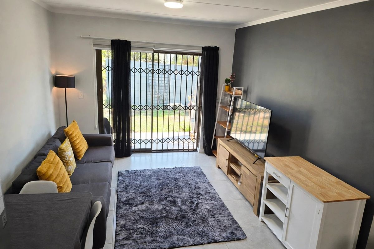 A well-maintained living room featuring tiled flooring, a dark accent wall, and a sliding glass door with a security gate leading to the exterior.
