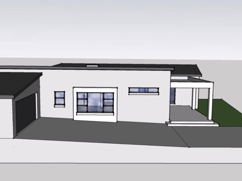 A digital architectural rendering of a modern residential property featuring a garage, covered patio, and driveway.