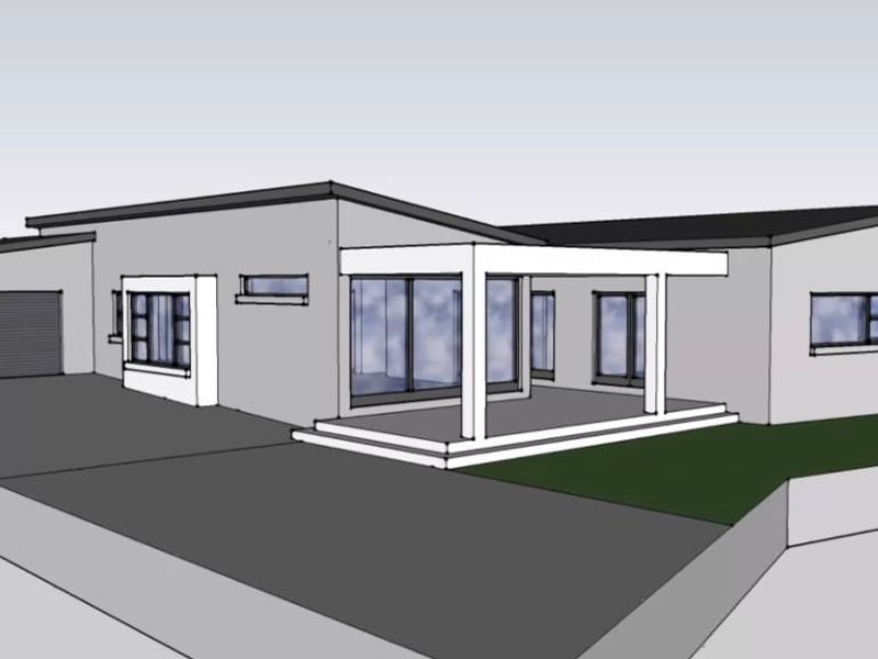A 3D architectural rendering of a modern residential property featuring a garage, front patio, and driveway.