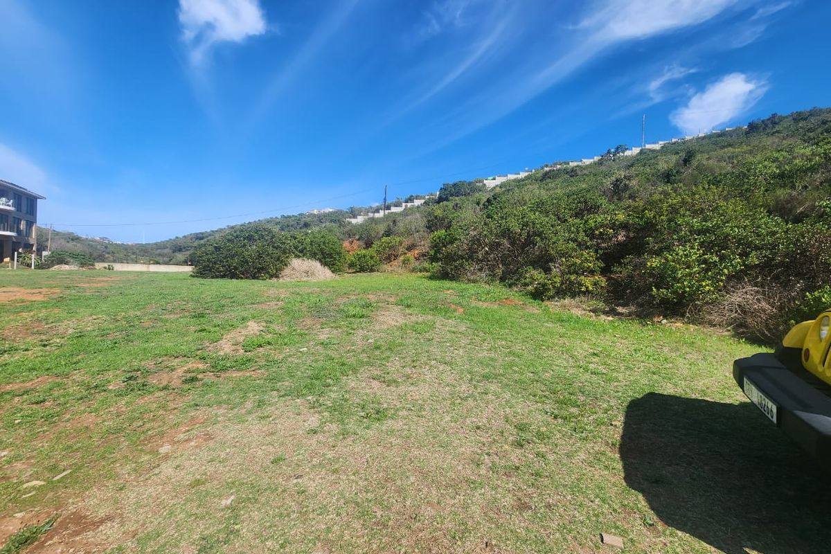 A view of a sloped, grassy residential plot with natural vegetation and surrounding hillside landscape.