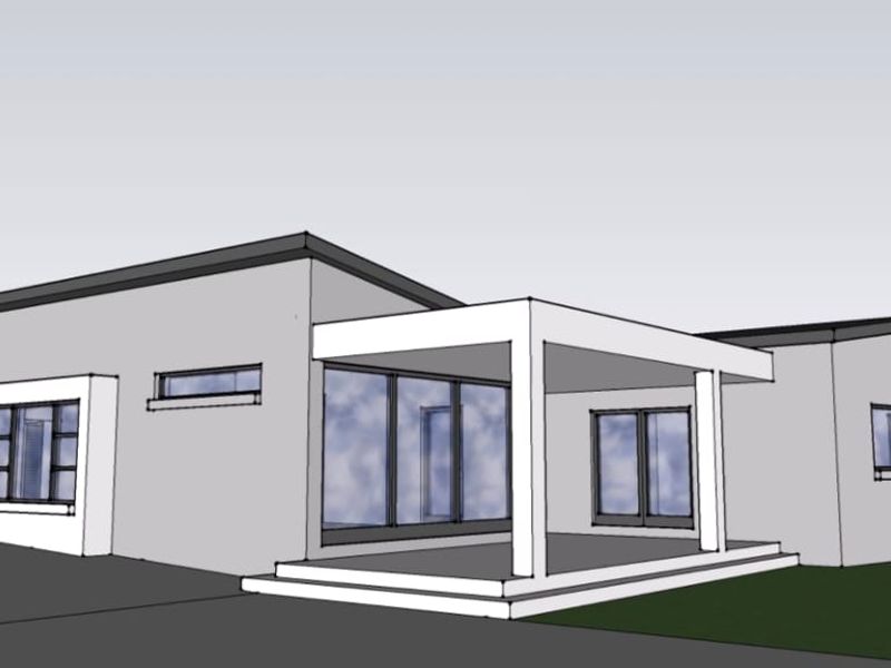 A digital architectural rendering of a modern residential property featuring a covered patio and large sliding glass doors.