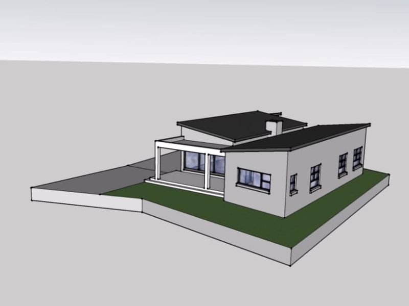 A 3D architectural rendering of a modern residential property featuring a pitched roof, chimney, and a covered patio area.
