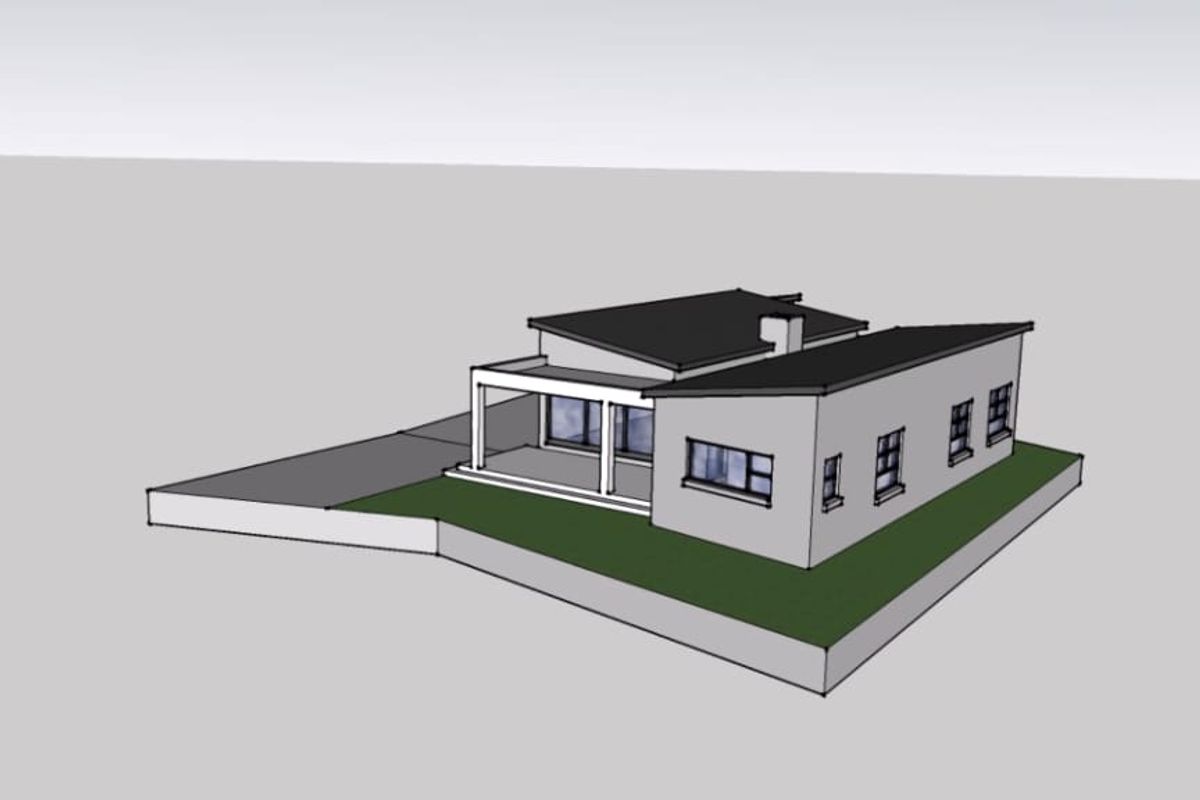A 3D architectural rendering of a modern residential property featuring a pitched roof, chimney, and a covered patio area.