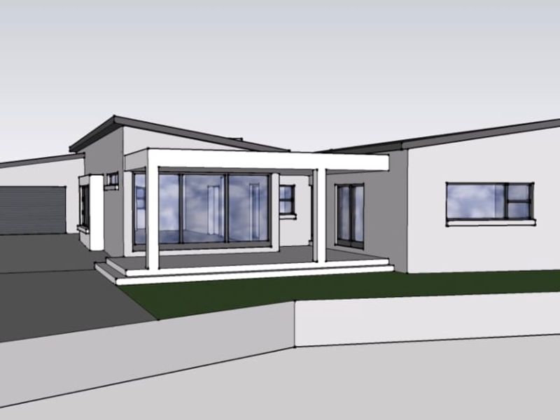 A digital architectural rendering of a modern residential property featuring a garage, covered patio area, and a contemporary skillion roof design.