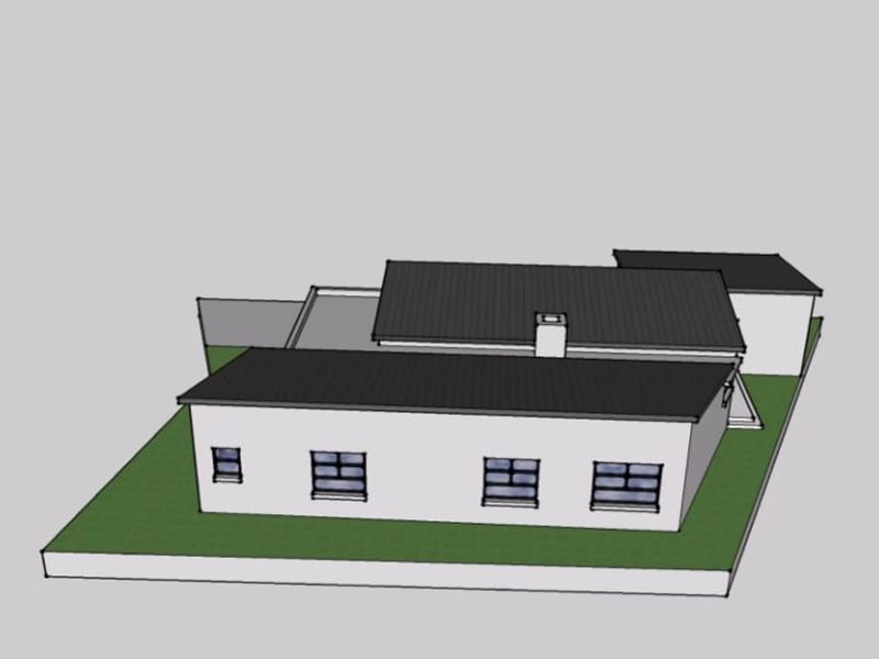 A 3D architectural rendering showing the exterior layout and roof structure of a residential property.