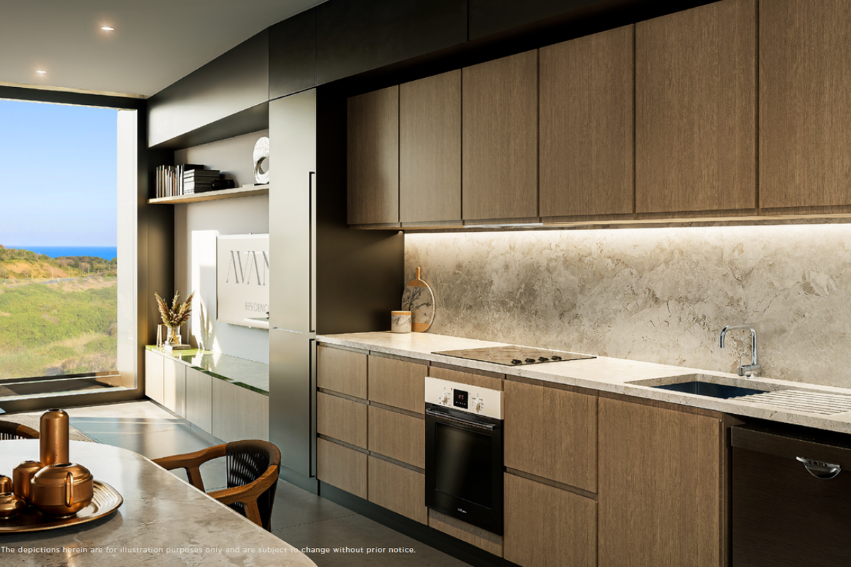 Modern penthouse kitchen featuring high-end wood cabinetry, stone countertops, integrated appliances, and expansive floor-to-ceiling windows with scenic coastal views.