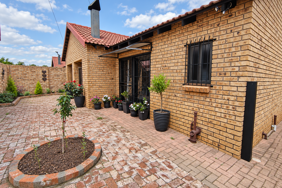 A well-maintained rear courtyard featuring face brick construction, paved flooring, and secure window bars, providing a clean and functional outdoor living space.