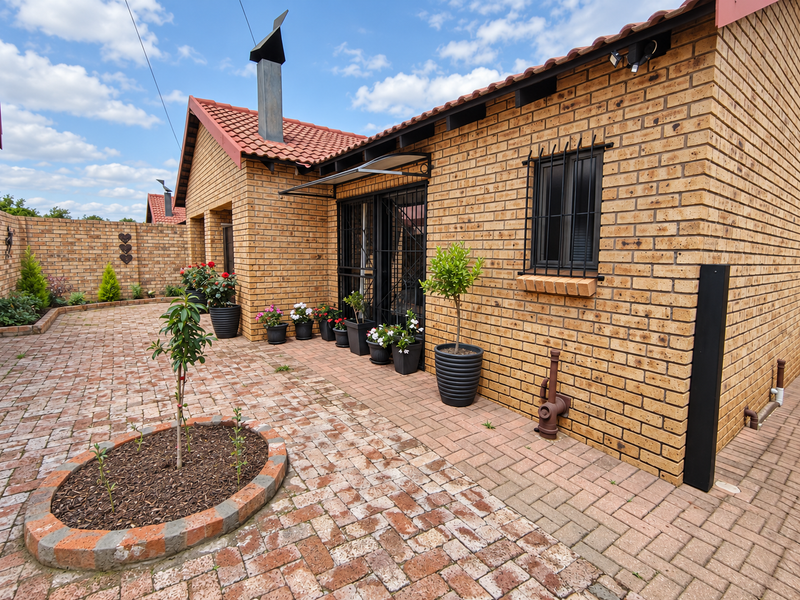 A well-maintained rear courtyard featuring face brick construction, paved flooring, and secure window bars, providing a clean and functional outdoor living space.