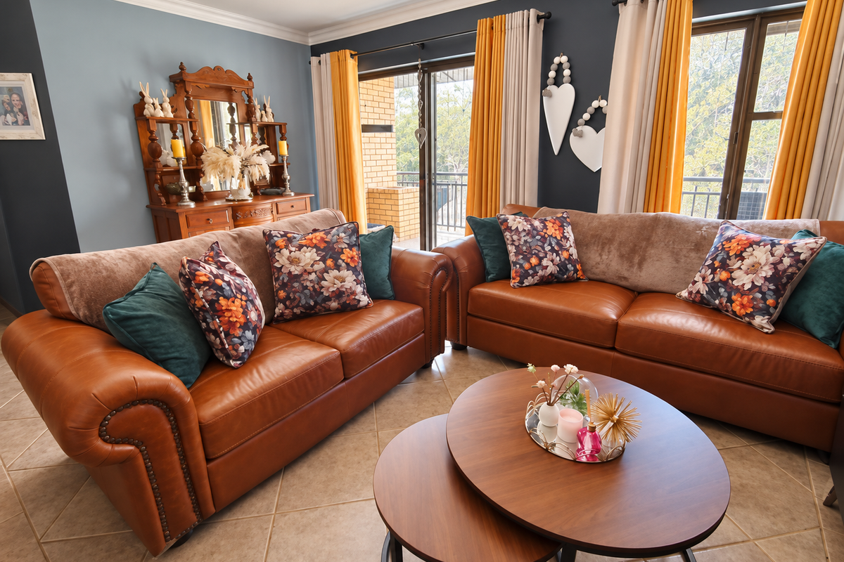 A well-maintained living room featuring tiled flooring, crown molding, and large sliding glass doors that provide access to an outdoor area.