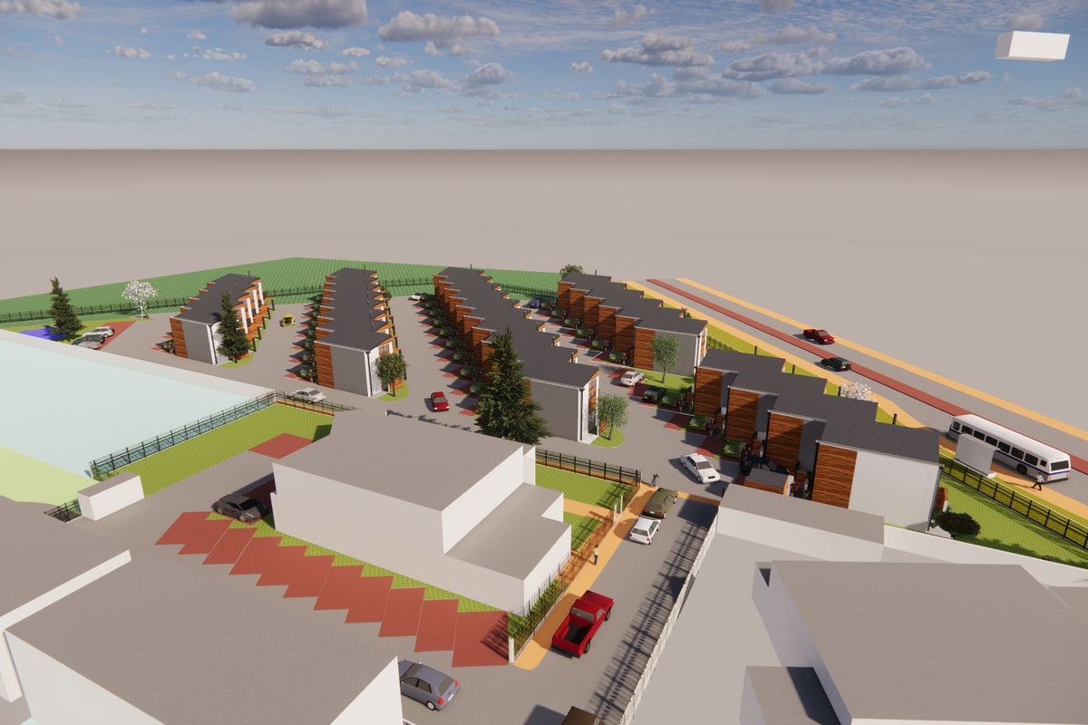 An aerial 3D architectural rendering of a modern residential guest house complex featuring multiple units, paved driveways, and landscaped outdoor areas.