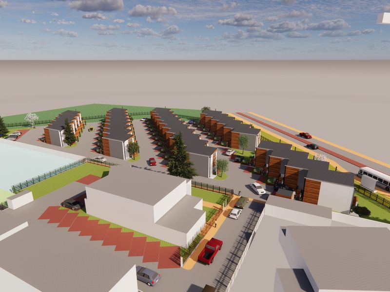 An aerial 3D architectural rendering of a modern residential guest house complex featuring multiple units, paved driveways, and landscaped outdoor areas.