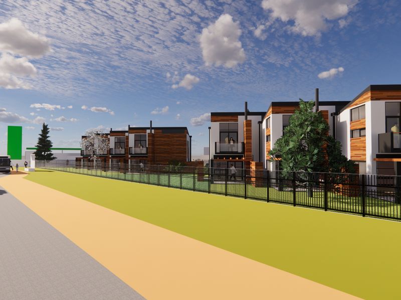 A digital architectural rendering showing the street-facing facade of a modern multi-unit guest house development with timber accents and private balconies.