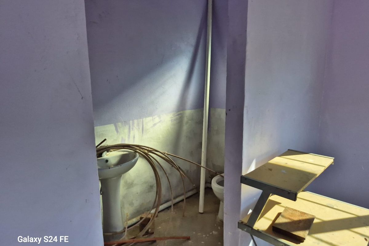 A small, unfinished bathroom space featuring a pedestal basin and toilet, currently in need of significant renovation and cosmetic repair.