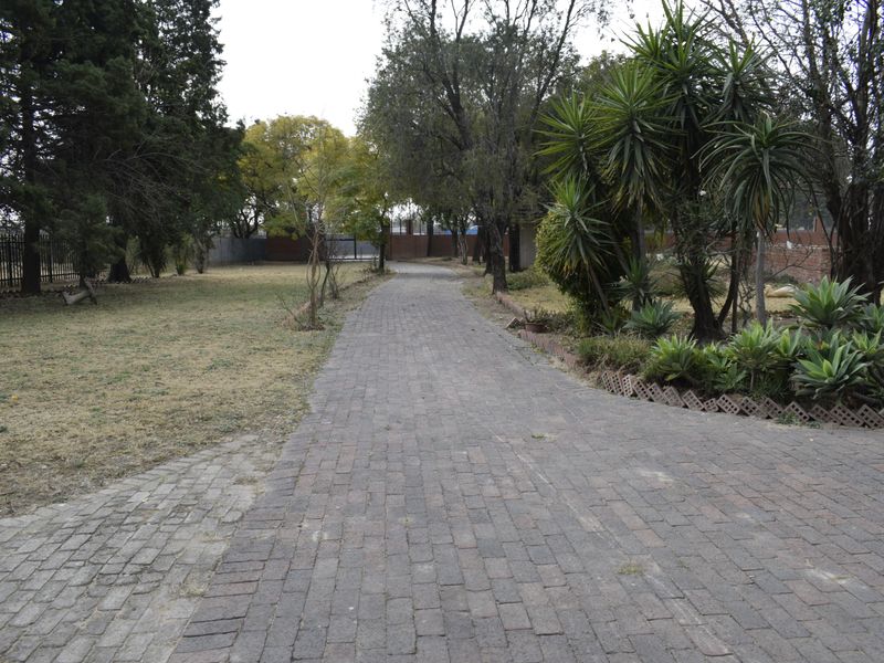 A spacious garden area featuring a long brick-paved driveway, mature trees, and established garden beds, providing a natural and private outdoor setting.
