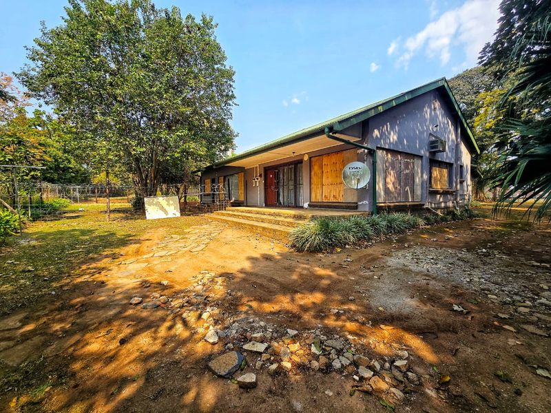 Rear view of a house showing significant exterior wear, boarded-up windows, and an unpaved yard area requiring maintenance and renovation.