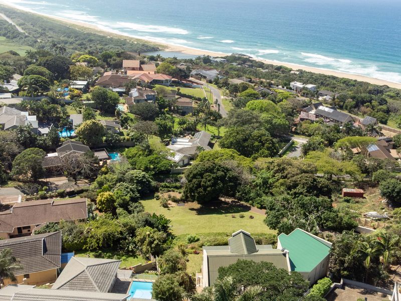 An aerial view of a coastal residential estate featuring lush greenery, multiple homes with tiled roofs, and proximity to the beach.