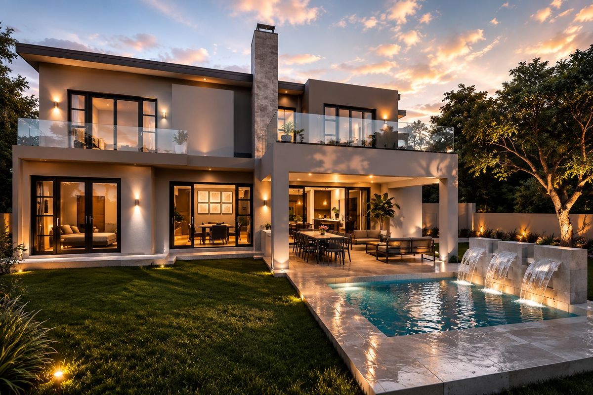 Stunning modern rear elevation featuring a landscaped garden, stone-tiled pool area with water feature, and a spacious covered patio with glass balcony above.