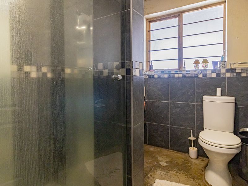 A bathroom featuring a glass shower enclosure, dark tiled walls, and a standard toilet, requiring updates to the flooring and tile finishes.