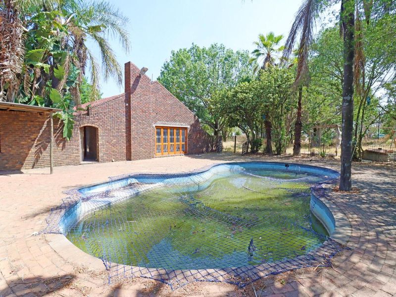 Outdoor pool area featuring a brick-faced building, paved surround, and a swimming pool requiring maintenance and cleaning.