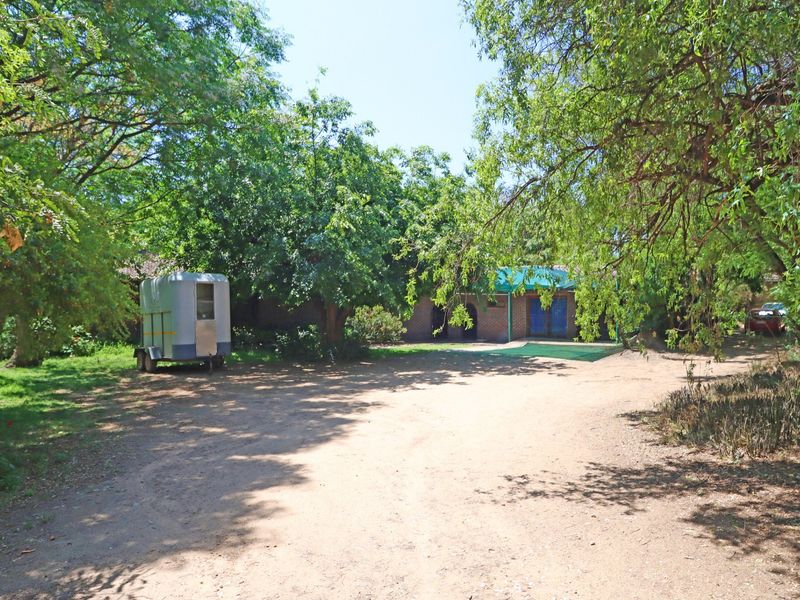 A view of the property entrance featuring a brick facade, covered patio area, and a large, tree-lined unpaved driveway.