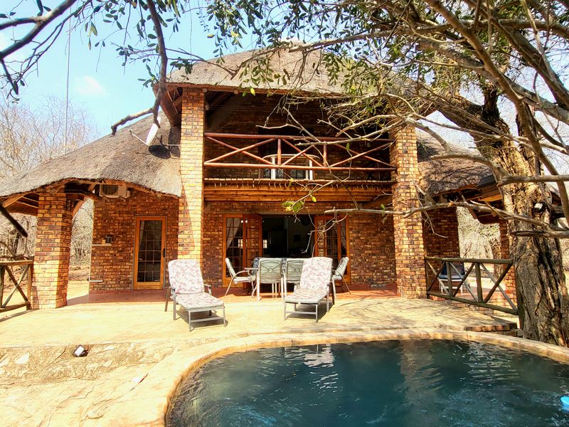 Rear view of a double-story thatched roof house featuring exposed brickwork, a covered patio, and a private swimming pool.