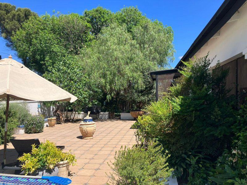 A spacious paved outdoor patio area surrounded by mature trees and established garden landscaping, providing a private and tranquil setting.